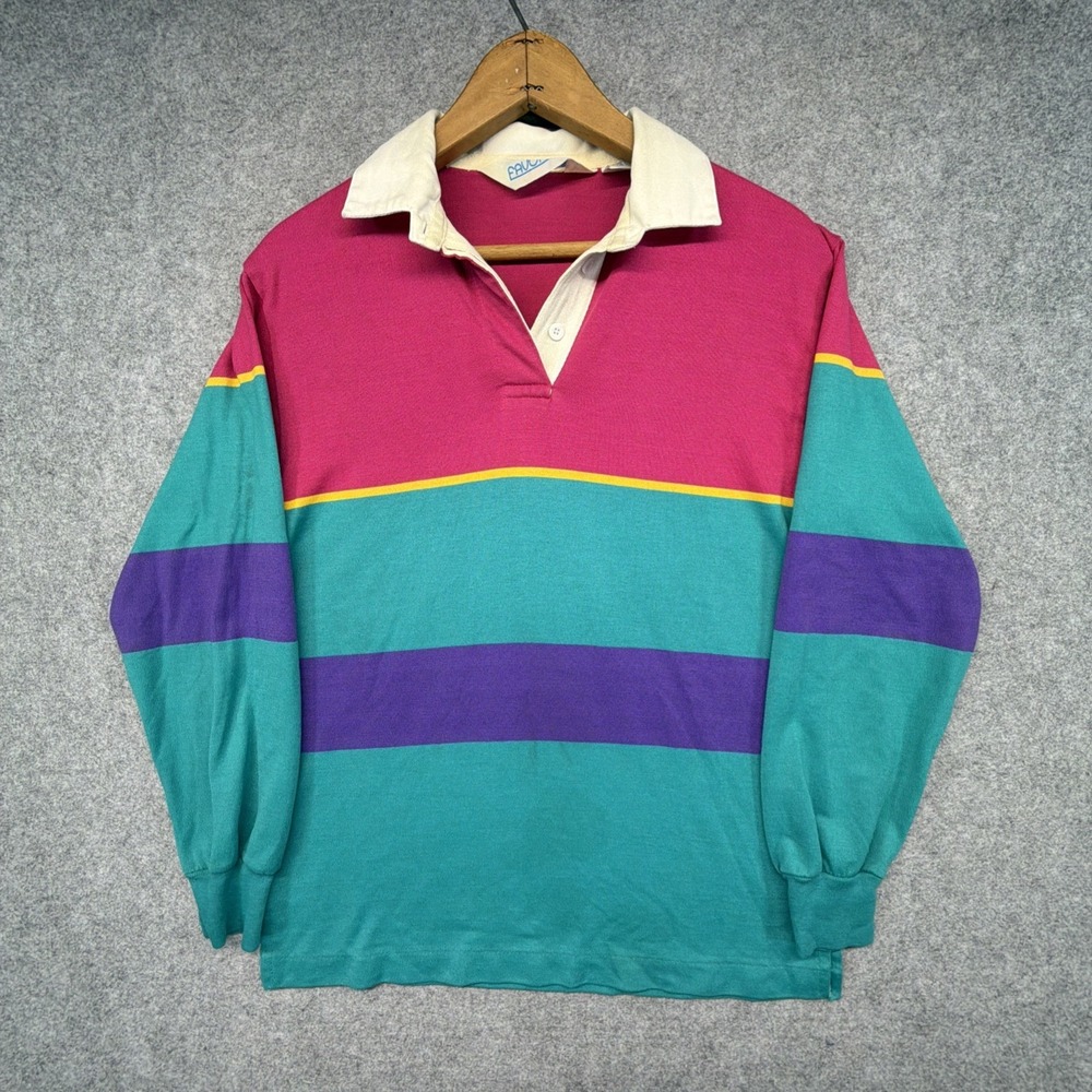 Vintage Rugby Shirt Womens Small Colorblock Striped Long Sleeve Preppy 70s 80s